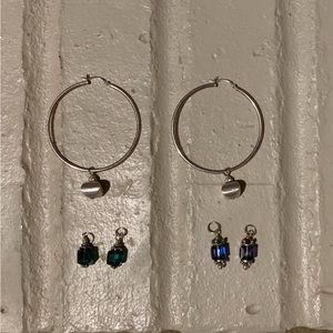 2 Inch Silver Hoop Earrings with Dangles (brushed silver, green & brown)